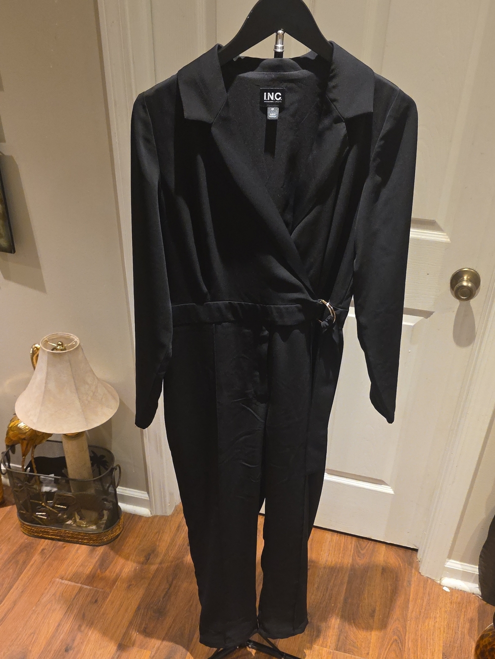 INC International Concepts Black Wrap-Front Long Sleeve Jumpsuit